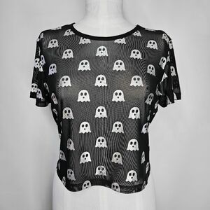 Black Friday Size 12 NEW Top Short Sleeve Sheer Black Mesh Silver Ghost Stretchy